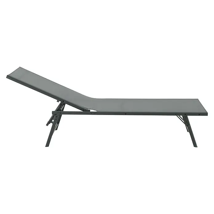 Tumbona de jardín Belisa - Gris oscuro, Acero, Abatible - Una tumbona gris con respaldo ajustable sobre un fondo negro, ideal para relajarse al aire libre.