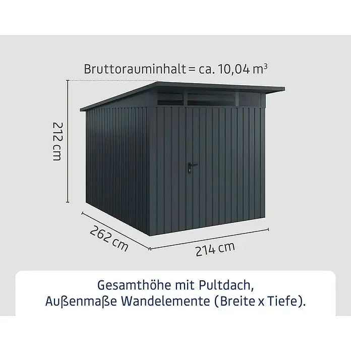 EcoStar Euroline Metallgerätehaus - Außenmaß inkl. Dachüberstand (B x T): 229 x 310 cm, Höhe: 212 mm, Stahl, Anthrazit, Einzeltür - Abbildung eines Gerätehauses mit Pultdach und den Außenmaßen 214 x 262 x 212 cm. Das Bruttorauminhalt beträgt ca. 10,04 m³.