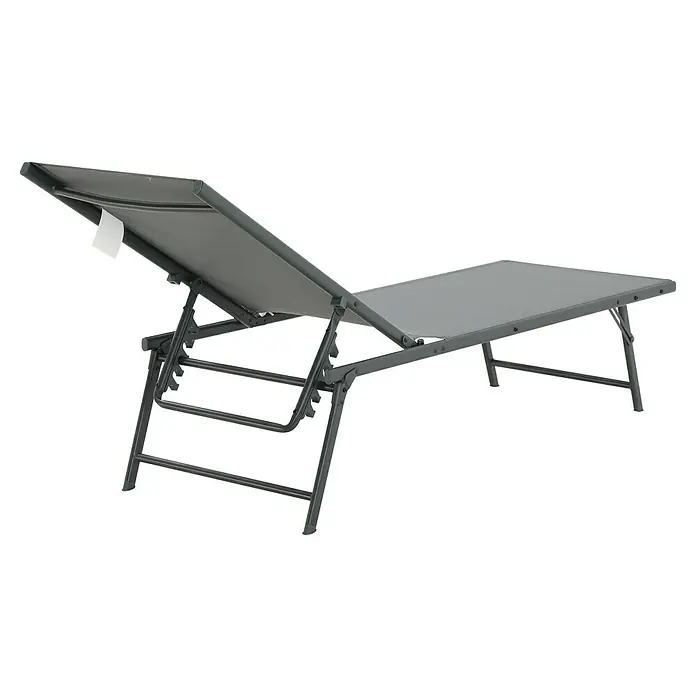Tumbona de jardín Belisa - Gris oscuro, Acero, Abatible - Primer plano de una tumbona gris ajustable con estructura metálica y revestimiento textil, ideal para el jardín o el patio.