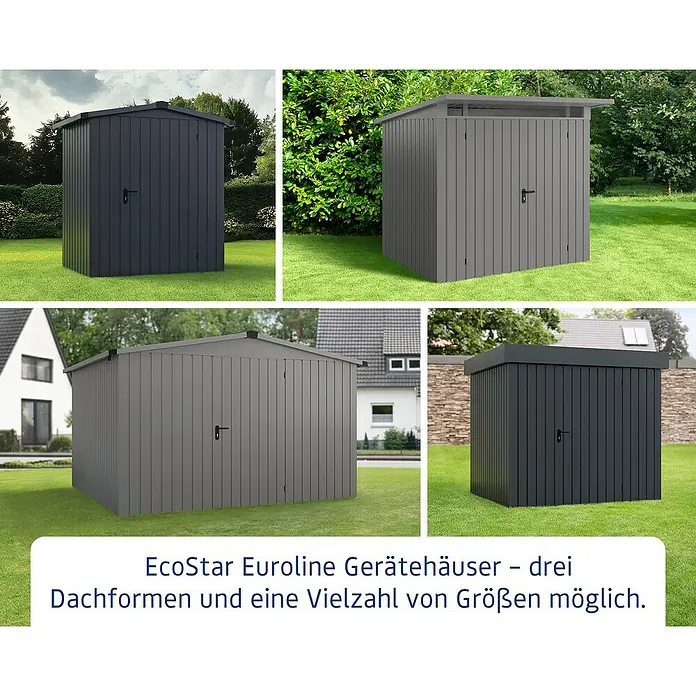 EcoStar Euroline Metallgerätehaus - Außenmaß inkl. Dachüberstand (B x T): 229 x 214 cm, Höhe: 204 cm, Stahl, Anthrazit, Einzeltür - EcoStar Euroline Gerätehäuser in verschiedenen Dachformen und Größen.\n