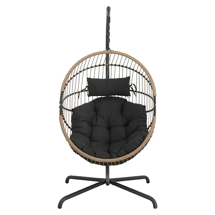 Sunfun Balancín Hawai - L x An x Al: 107 x 99 x 200 cm, Acero, Número de personas máx.: 1 ud., Marrón/Antracita - Elegante silla colgante con cojín negro y estructura robusta, perfecta para horas de relax en el jardín o en la terraza.