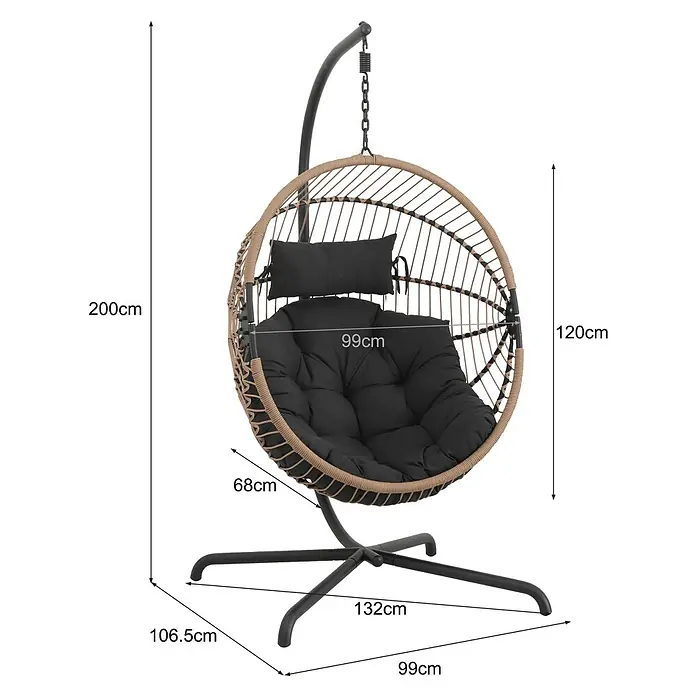 Sunfun Balancín Hawai - L x An x Al: 107 x 99 x 200 cm, Acero, Número de personas máx.: 1 ud., Marrón/Antracita - Imagen de un sillón colgante con medidas, ideal para relajarse y disfrutar en el jardín o en el patio.