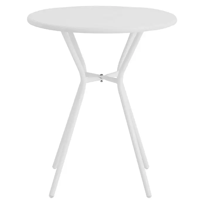 Conjunto de muebles de balcón Ina - 3 pzs., Polipropileno/Acero, Blanco - Esta imagen muestra una mesa de bar blanca con una tablero redondo y un diseño elegante y moderno. Ideal para bares o espacios contemporáneos.