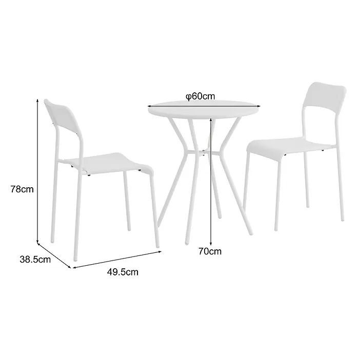Conjunto de muebles de balcón Ina - 3 pzs., Polipropileno/Acero, Blanco - Imagen de un conjunto de comedor blanco con mesa redonda y dos sillas, incluyendo etiquetas de dimensiones.
