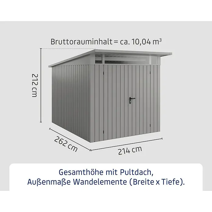 EcoStar Euroline Metallgerätehaus - Außenmaß inkl. Dachüberstand (B x T): 229 x 310 cm, Höhe: 212 mm, Stahl, Aluminium, Doppeltür - Abbildung eines Geräteschuppens mit Pultdach und den Maßen 212 cm Höhe, 214 cm Breite und 262 cm Tiefe.