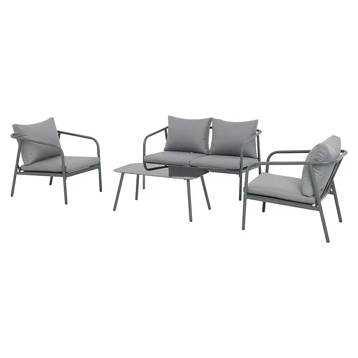 Conjunto de muebles Wesely - 4 pzs., Acero/Poliéster, Gris - Juego de salón de jardín gris con dos sillones, un sofá y una mesa. Los cojines cómodos y el diseño moderno hacen que este mueble sea perfecto para tu jardín.