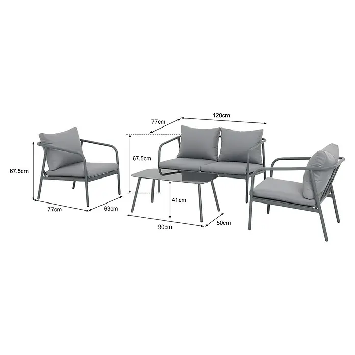 Conjunto de muebles Wesely - 4 pzs., Acero/Poliéster, Gris - Conjunto de muebles de jardín gris con sofá, sillas y mesa, con dimensiones para uso exterior.