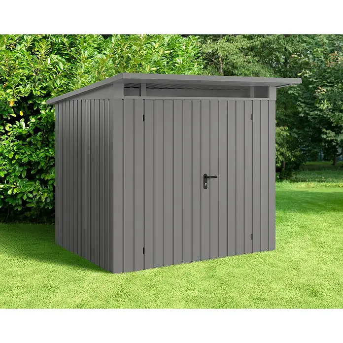 EcoStar Euroline Metallgerätehaus - Außenmaß inkl. Dachüberstand (B x T): 229 x 214 cm, Höhe: 204 cm, Stahl, Aluminium, Doppeltür - Abbildung eines grauen Gartenschuppens mit Flachdach, ideal für die Gartenaufbewahrung.
