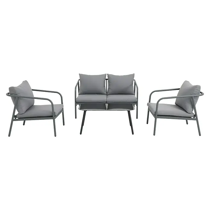 Conjunto de muebles Wesely - 4 pzs., Acero/Poliéster, Gris - Elegante conjunto de sofás de jardín gris con dos sillones y un sofá de dos plazas para relajarse al aire libre.