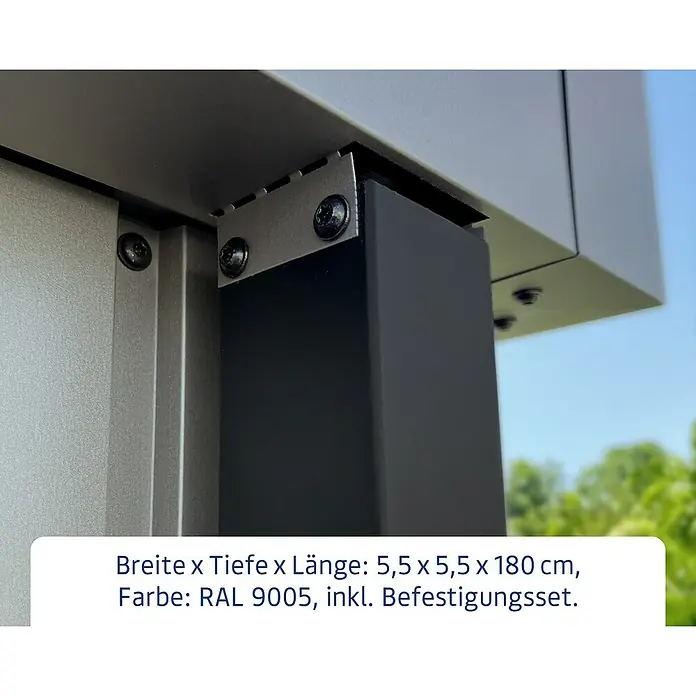 EcoStar Euroline Regenfallrohr-Set - Passend für: Flachdach - Detailansicht einer Terrassenüberdachung, die die präzise Konstruktion und die hochwertige RAL 9005 Farbgebung hervorhebt.