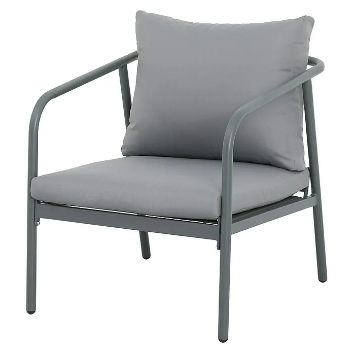 Conjunto de muebles Wesely - 4 pzs., Acero/Poliéster, Gris - Sillón gris con cojín y estructura metálica. Mobiliario de exterior cómodo y elegante para jardín o terraza.