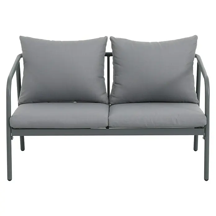 Conjunto de muebles Wesely - 4 pzs., Acero/Poliéster, Gris - Banco de jardín gris con estructura metálica y dos cojines grises. El banco tiene un diseño sencillo y moderno.