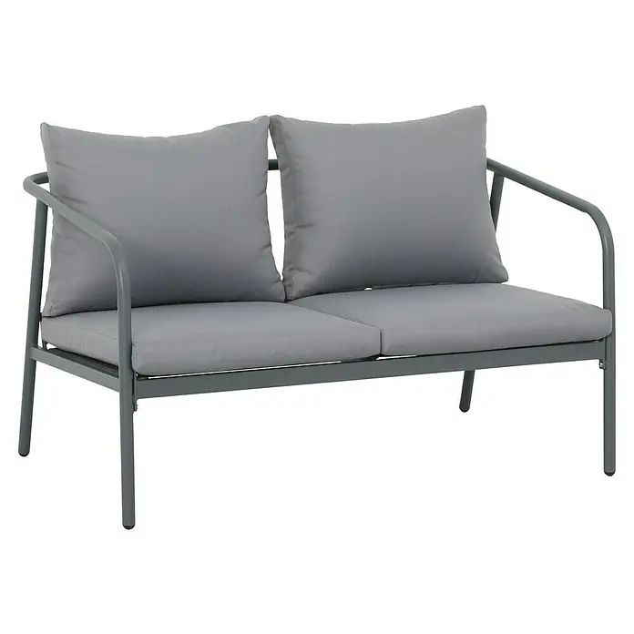 Conjunto de muebles Wesely - 4 pzs., Acero/Poliéster, Gris - Un sofá de exterior gris con dos cojines de asiento y dos de respaldo ofrece una relajación cómoda. Su diseño moderno complementa cualquier patio.