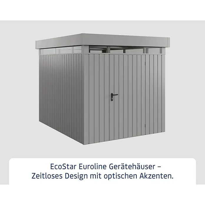 EcoStar Euroline Metallgerätehaus - Außenmaß inkl. Dachüberstand (B x T): 229 x 277 cm, Höhe: 218 cm, Stahl, Aluminium, Einzeltür - Abbildung eines EcoStar Euroline Gerätehauses – Zeitloses Design mit optischen Akzenten.\n