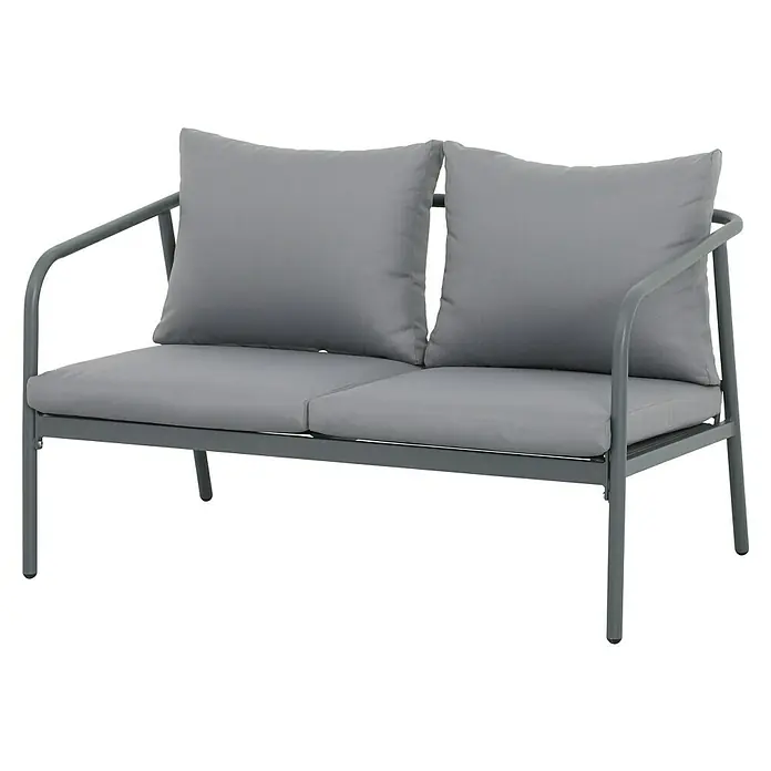 Conjunto de muebles Wesely - 4 pzs., Acero/Poliéster, Gris - Sofá gris con dos cojines grises, ideal para jardín o terraza, con una estructura metálica resistente.