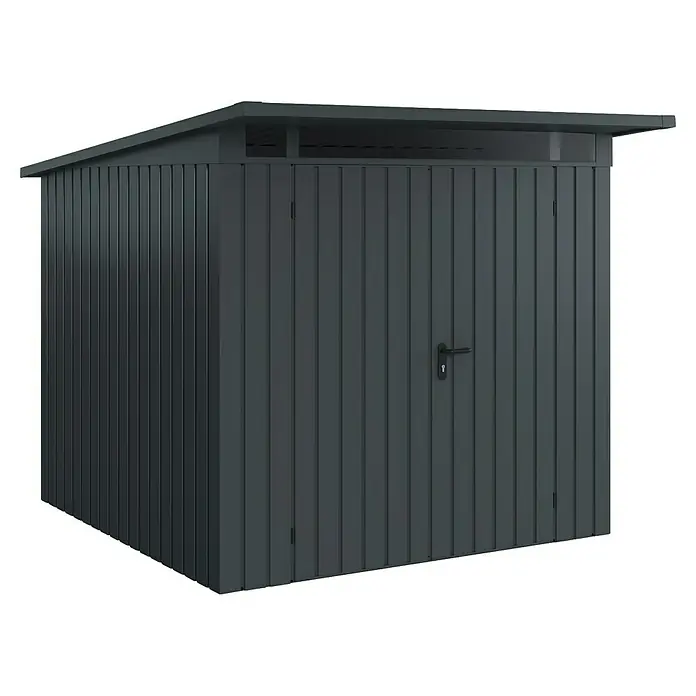 EcoStar Euroline Metallgerätehaus - Außenmaß inkl. Dachüberstand (B x T): 229 x 262 cm, Stahl, Anthrazit, Höhe: 204 cm, Doppeltür - Abbildung eines grauen Metall-Gartenschuppens mit Schrägdach und Türgriff auf schwarzem Hintergrund.