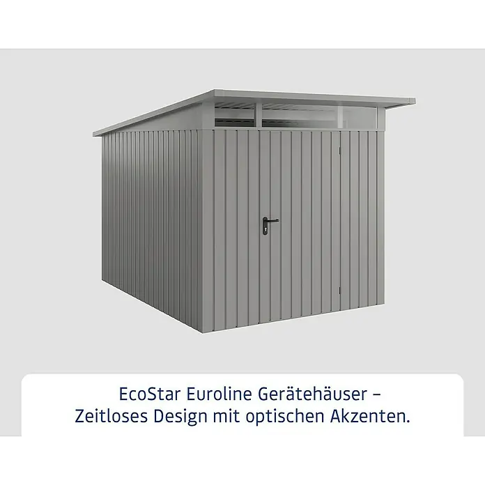EcoStar Euroline Metallgerätehaus - Außenmaß inkl. Dachüberstand (B x T): 229 x 310 cm, Höhe: 212 mm, Stahl, Aluminium, Einzeltür - EcoStar Eurolines Gerätehaus mit zeitlosem Design und optischen Akzenten. Der Geräteschuppen bietet viel Stauraum.