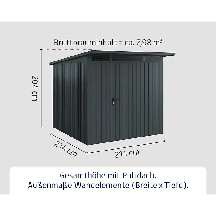 EcoStar Euroline Metallgerätehaus - Außenmaß inkl. Dachüberstand (B x T): 229 x 262 cm, Stahl, Anthrazit, Höhe: 204 cm, Einzeltür - Abbildung eines Gerätehauses mit den Maßen 214 x 214 x 204 cm und einem Bruttorauminhalt von ca. 7,98 m³.