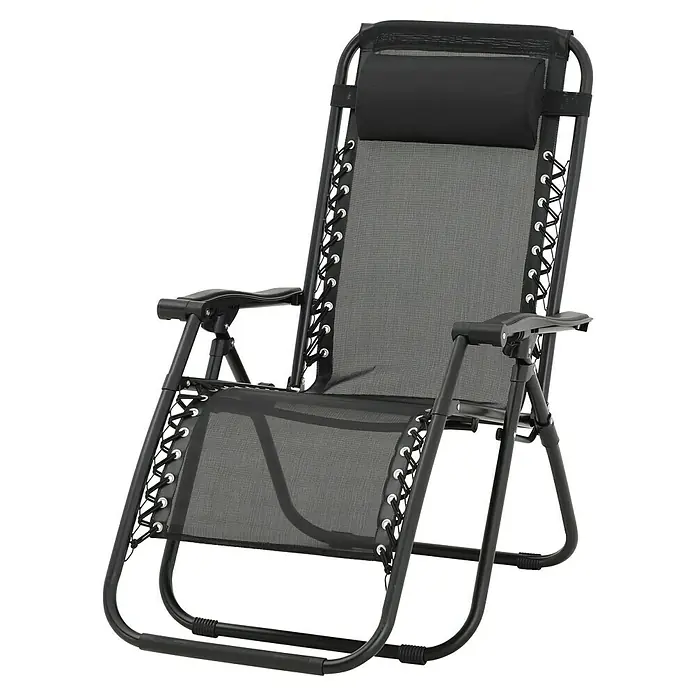 Sunfun Sillón de posiciones Forio - 63 x 152 x 104 cm, Negro, Textiline/Acero - Cómoda silla de relax negra con reposacabezas y gomas elásticas para un confort óptimo en el jardín o en la terraza.