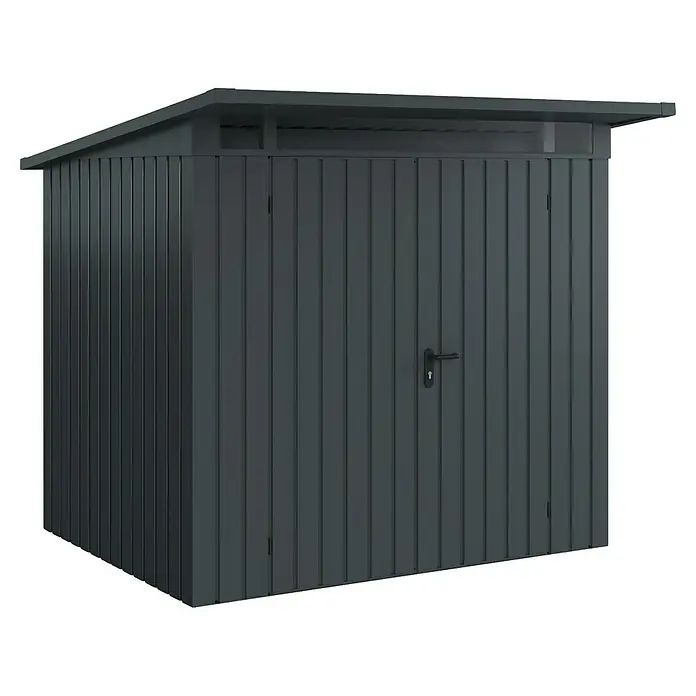 EcoStar Euroline Metallgerätehaus - Außenmaß inkl. Dachüberstand (B x T): 229 x 214 cm, Höhe: 204 cm, Stahl, Anthrazit, Doppeltür - Das Bild zeigt ein graues Gerätehaus mit einem Griff an der Tür. Das Haus hat ein schräges Dach und ist aus Metall gefertigt.
