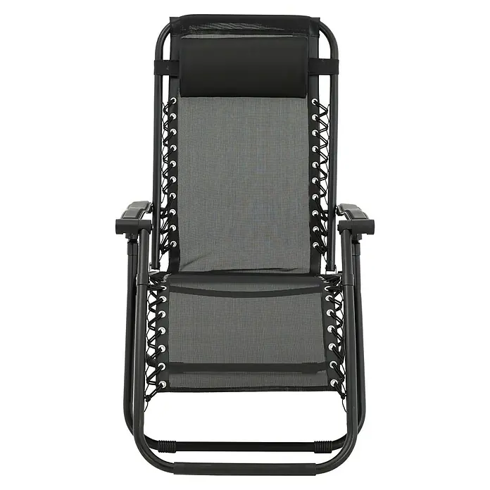 Sunfun Sillón de posiciones Forio - 63 x 152 x 104 cm, Negro, Textiline/Acero - Imagen de una silla relax negra con respaldo y reposacabezas ajustables, perfecta para la relajación al aire libre.