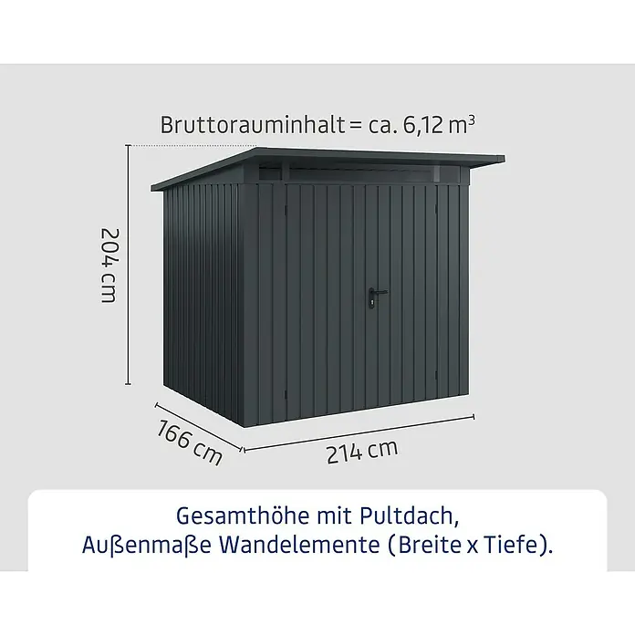 EcoStar Euroline Metallgerätehaus - Außenmaß inkl. Dachüberstand (B x T): 229 x 214 cm, Höhe: 204 cm, Stahl, Anthrazit, Doppeltür - Abbildung eines Metallgerätehauses mit Pultdach und den Maßen 204 cm Höhe, 166 cm Tiefe, 214 cm Breite und einem Bruttorauminhalt von ca. 6,12 m³.