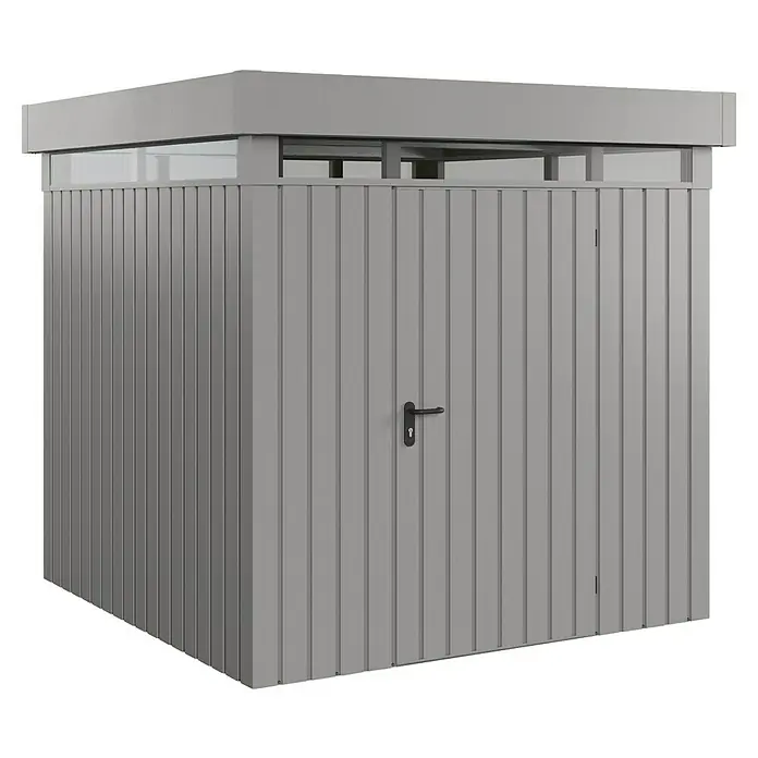 EcoStar Euroline Metallgerätehaus - Außenmaß inkl. Dachüberstand (B x T): 229 x 229 cm, Höhe: 218 cm, Stahl, Aluminium, Einzeltür - Eine moderne, graue Mülltonnenbox mit Tür, ideal zur stilvollen Aufbewahrung von Abfallbehältern im Außenbereich.