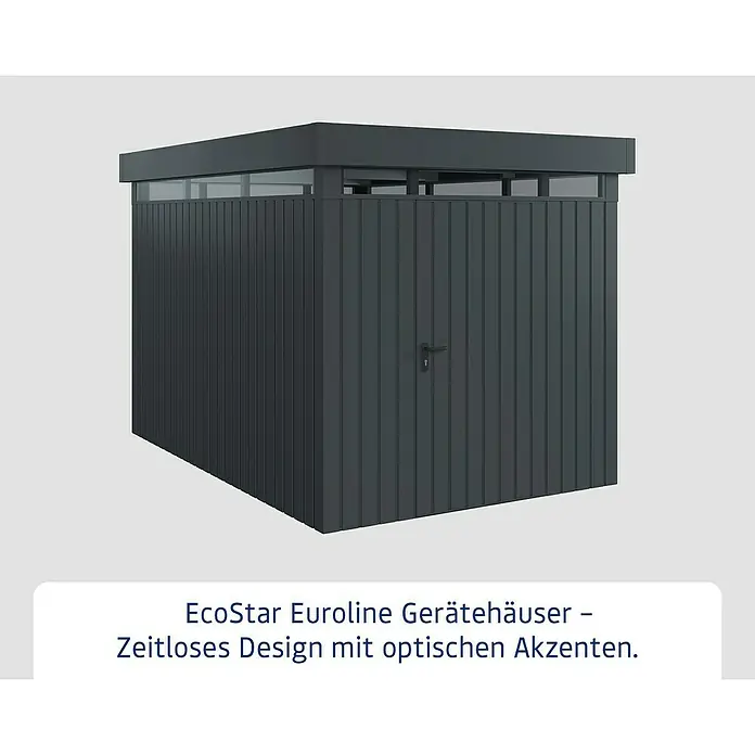 EcoStar Euroline Metallgerätehaus - Außenmaß inkl. Dachüberstand (B x T): 229 x 325 cm, Höhe: 218 cm, Stahl, Anthrazit, Einzeltür - Abbildung eines modernen EcoStar Eurolie Gartenhauses mit zeitlosem Design und optischen Akzenten.