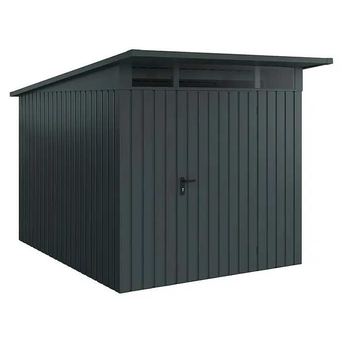 EcoStar Euroline Metallgerätehaus - Außenmaß inkl. Dachüberstand (B x T): 229 x 310 cm, Höhe: 212 mm, Stahl, Anthrazit, Einzeltür - Abbildung eines modernen, anthrazitfarbenen Gerätehauses mit Pultdach und abschließbarer Tür, ideal für die Gartenaufbewahrung.