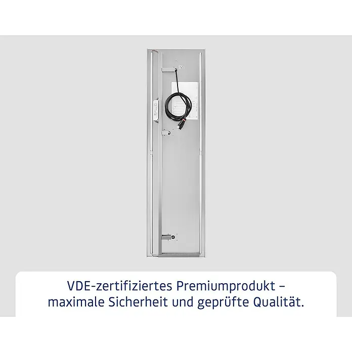 EcoStar Euroline Panel - L x B x H: 2 x 47 x 170 cm - Produktansicht des silbernen Spiegelschranks mit Stromkabel. VDE-zertifiziert, maximale Sicherheit und geprüfte Qualität.