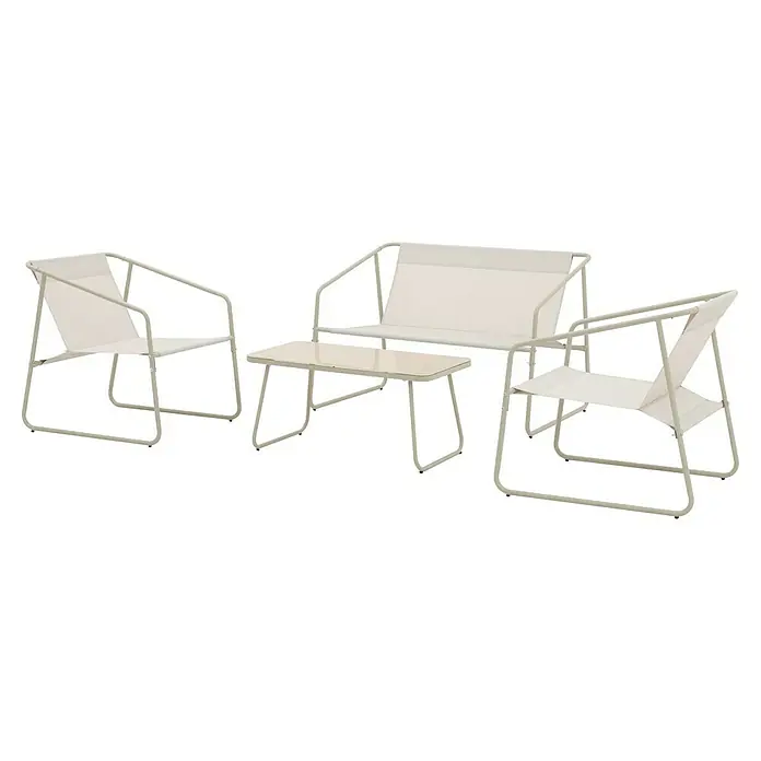 Conjunto de muebles Kateli - 4 pzs., Acero/Textiline, Beige - Un conjunto de muebles de exterior blancos que consta de dos sillas, un banco y una mesa. El mueble tiene un diseño moderno y minimalista.