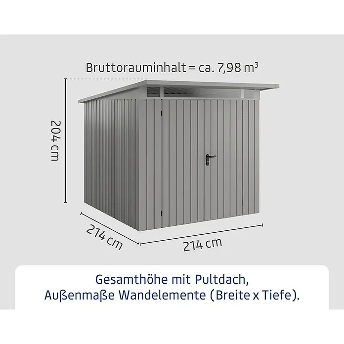 EcoStar Euroline Metallgerätehaus - Außenmaß inkl. Dachüberstand (B x T): 229 x 262 cm, Stahl, Aluminium, Höhe: 204 cm, Doppeltür - Darstellung eines Gerätehauses mit Pultdach und den Aussenmassen der Wandelemente (Breite x Tiefe).