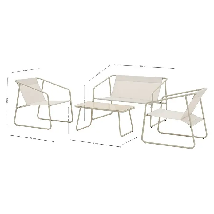 Conjunto de muebles Kateli - 4 pzs., Acero/Textiline, Beige - Conjunto de jardín con sofá, sillas y mesa de metal y tela. Los muebles están en un tono claro y muestra las dimensiones.