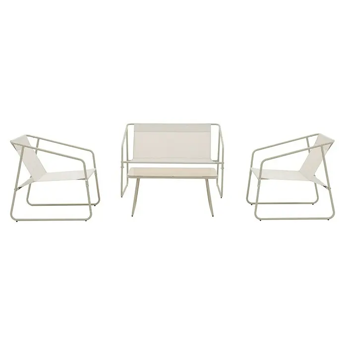 Conjunto de muebles Kateli - 4 pzs., Acero/Textiline, Beige - Un conjunto de asientos minimalista con dos sillones y una mesa en blanco. El mobiliario tiene un diseño moderno y ligero.