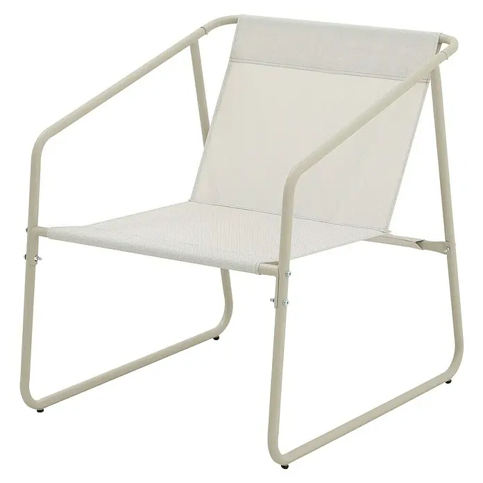 Conjunto de muebles Kateli - 4 pzs., Acero/Textiline, Beige - Una elegante tumbona de exterior con estructura beige y tapicería de tela a juego. Ideal para momentos de relax en tu jardín o terraza.