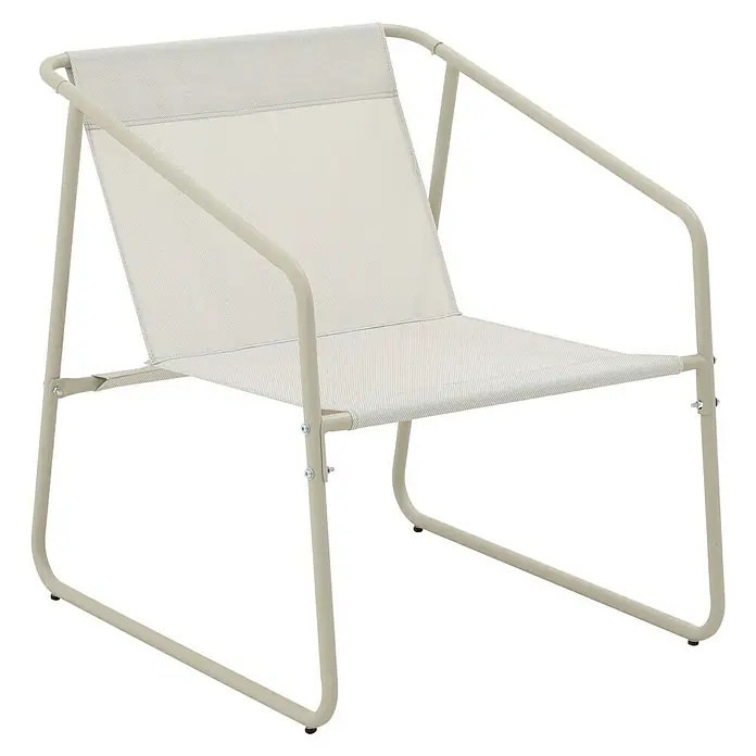 Conjunto de muebles Kateli - 4 pzs., Acero/Textiline, Beige - Imagen de estudio de alta clave de una silla moderna. Elegante silla de exterior con estructura color crema y tapicería de tela para un toque de elegancia.