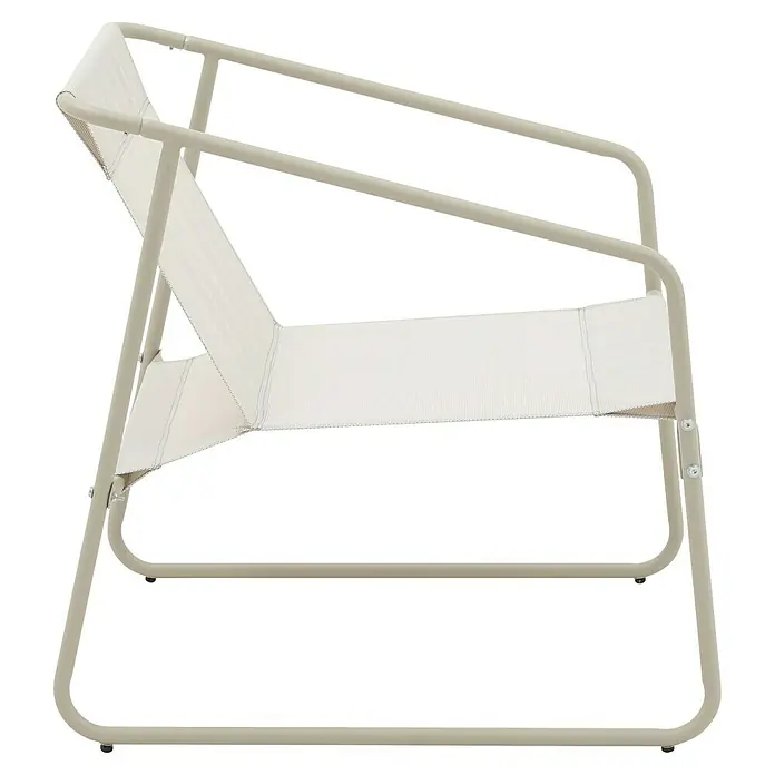 Conjunto de muebles Kateli - 4 pzs., Acero/Textiline, Beige - Primer plano de un sillón moderno con estructura clara y revestimiento textil, ideal para una relajación elegante en interiores y exteriores.