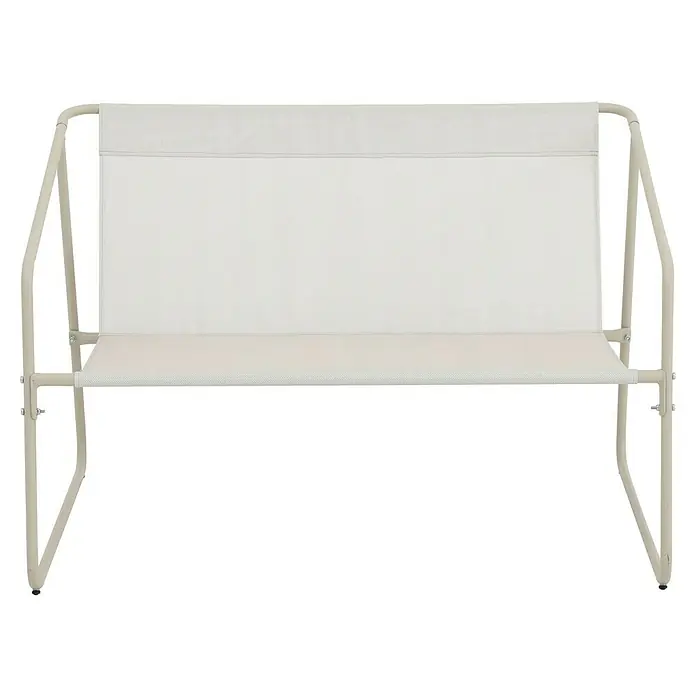 Conjunto de muebles Kateli - 4 pzs., Acero/Textiline, Beige - Imagen de una tumbona beige moderna con una estructura de metal resistente y una superficie de tela cómoda y ligeramente texturizada.