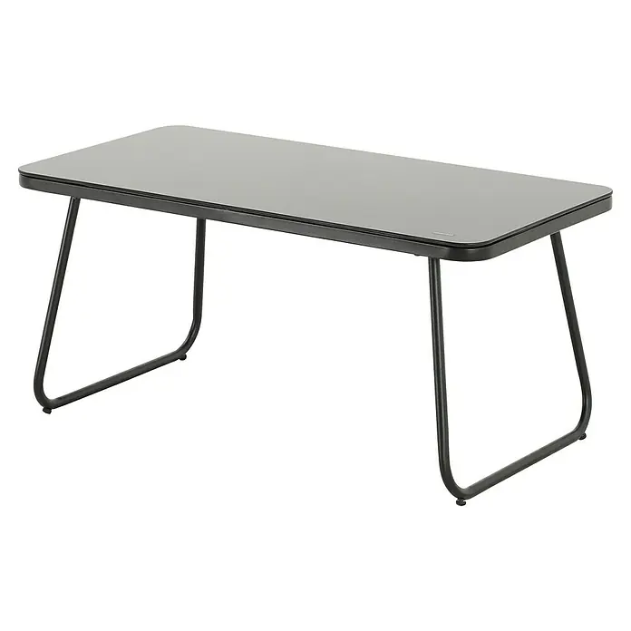 Conjunto de muebles Kateli - 4 pzs., Acero/Textiline, Antracita - Mesa rectangular gris con marco gris y patas con base curva, aislada sobre un fondo negro.