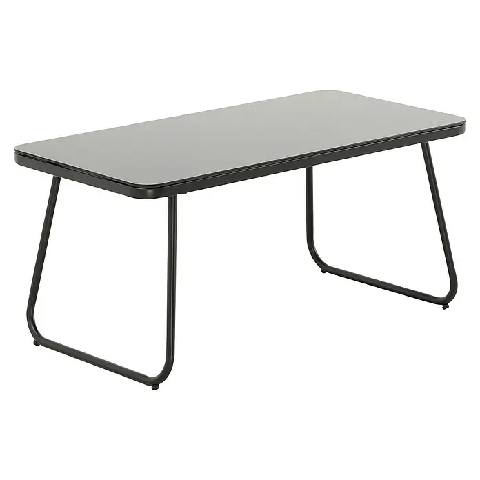 Conjunto de muebles Kateli - 4 pzs., Acero/Textiline, Antracita - Una mesa de centro gris para exteriores con un diseño minimalista, perfecta para el jardín o el patio. La superficie es lisa y está soportada por una estructura de metal negro.