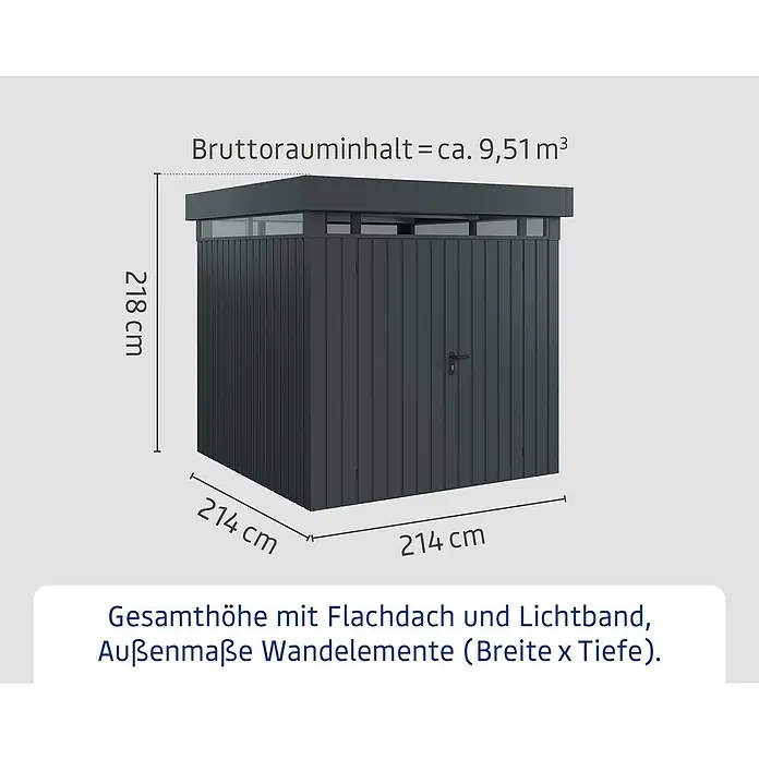 EcoStar Euroline Metallgerätehaus - Außenmaß inkl. Dachüberstand (B x T): 229 x 229 cm, Höhe: 218 cm, Stahl, Anthrazit, Doppeltür - Abbildung eines anthrazitfarbenen Gerätehauses mit Flachdach und Lichtband mit den Maßen 214 x 214 x 218 cm und einem Bruttorauminhalt von 9,51 m³.