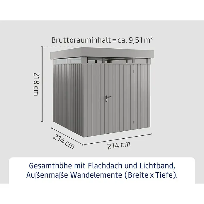 EcoStar Euroline Metallgerätehaus - Außenmaß inkl. Dachüberstand (B x T): 229 x 229 cm, Höhe: 218 cm, Stahl, Aluminium, Einzeltür - Produktbild mit den Maßen des Geräteschuppens: 214 x 214 x 218 cm und einem Bruttorauminhalt von ca. 9,51 m³.