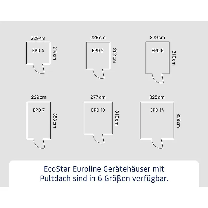 EcoStar Euroline Metallgerätehaus - Außenmaß inkl. Dachüberstand (B x T): 229 x 214 cm, Höhe: 204 cm, Stahl, Anthrazit, Einzeltür - Abbildung von EcoStar Euroline Gerätehäusern mit Pultdach in 6 Größen, mit detaillierten Abmessungen für jede Größe.