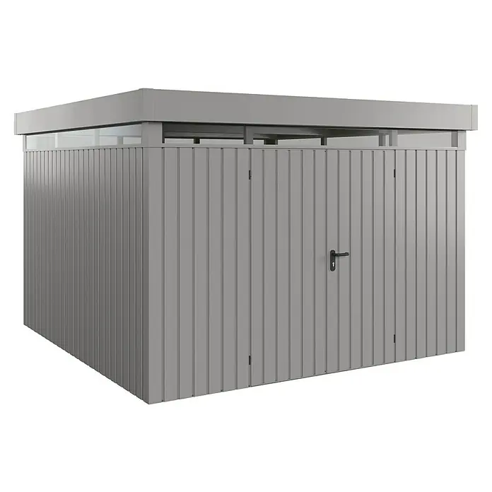 EcoStar Euroline Metallgerätehaus - Außenmaß inkl. Dachüberstand (B x T): 325 x 325 cm, Höhe: 218 cm, Stahl, Aluminium, Doppeltür - Ein geräumiger, grauer Geräteschuppen mit Doppeltür und Griff, ideal zur Aufbewahrung von Gartengeräten und Werkzeugen.