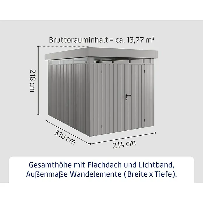 EcoStar Euroline Gerätehaus - Außenmaß inkl. Dachüberstand (B x T): 229 x 325 cm, Höhe: 218 cm, Stahl, Aluminium, Doppeltür - Abbildung eines Gerätehauses mit Flachdach, Lichtband und den Maßen 218 cm Höhe, 310 cm Breite und 214 cm Tiefe.
