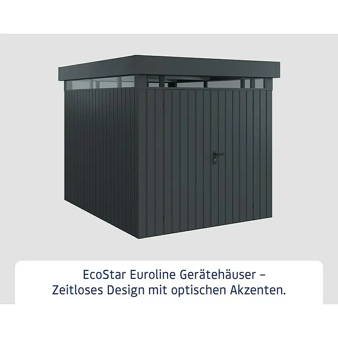 EcoStar Euroline Metallgerätehaus - Außenmaß inkl. Dachüberstand (B x T): 229 x 277 cm, Höhe: 218 cm, Stahl, Anthrazit, Doppeltür - EcoStar Euroline Gerätehaus: Zeitloses Design mit dunkler Farbgebung. Bietet optimalen Stauraum für Gartengeräte und mehr.