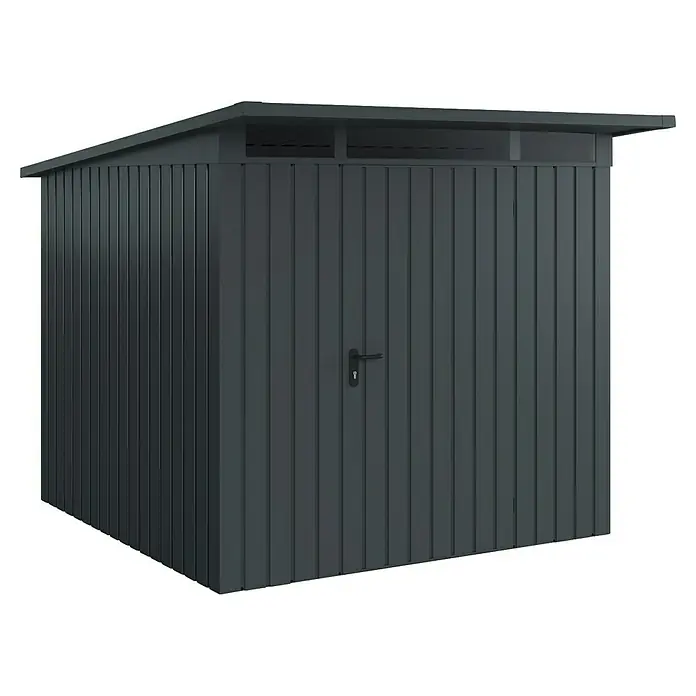 EcoStar Euroline Metallgerätehaus - Außenmaß inkl. Dachüberstand (B x T): 229 x 262 cm, Stahl, Anthrazit, Höhe: 204 cm, Einzeltür - Das Bild zeigt ein modernes Gerätehaus in Anthrazit mit einer Tür und einem flachen Dach, ideal für die Gartenaufbewahrung.