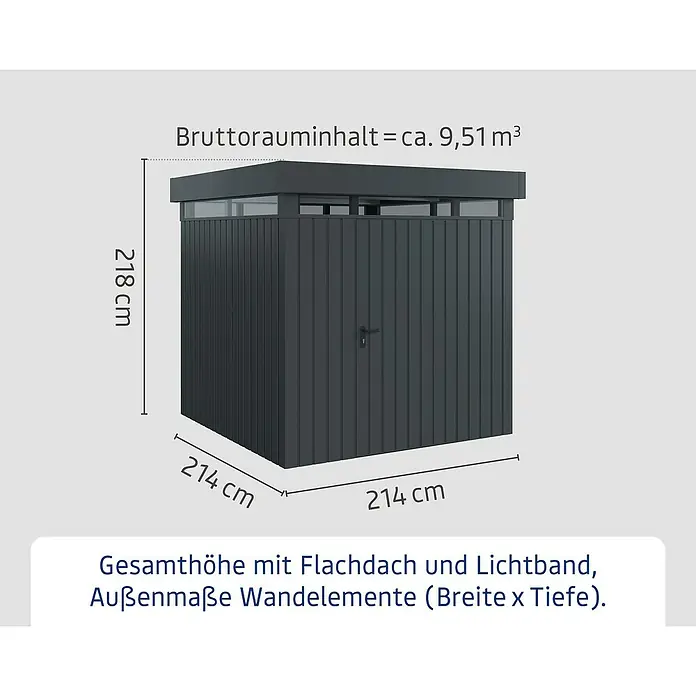 EcoStar Euroline Metallgerätehaus - Außenmaß inkl. Dachüberstand (B x T): 229 x 229 cm, Höhe: 218 cm, Stahl, Anthrazit, Einzeltür - Produktbild eines grauen Gerätehauses mit den Maßen 214 x 214 x 218 cm und einem Bruttorauminhalt von ca. 9,51 m³.