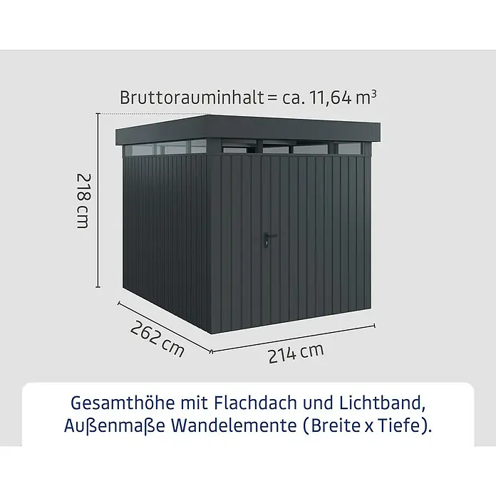 EcoStar Euroline Metallgerätehaus - Außenmaß inkl. Dachüberstand (B x T): 229 x 277 cm, Höhe: 218 cm, Stahl, Anthrazit, Einzeltür - Abbildung eines Gerätehauses mit den Maßen 218 cm Höhe, 262 cm Breite und 214 cm Tiefe. Das Bruttorauminhalt beträgt ca. 11,64 m³.