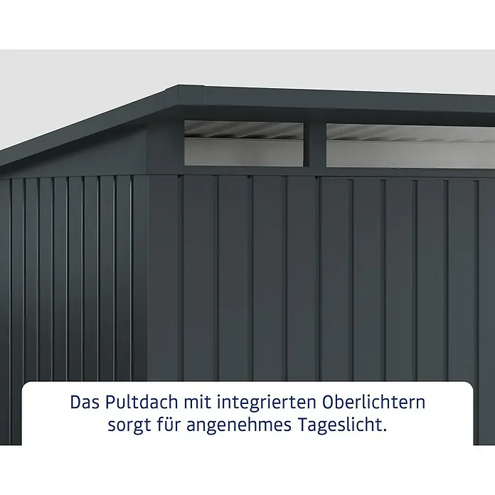 EcoStar Euroline Metallgerätehaus - Außenmaß inkl. Dachüberstand (B x T): 229 x 214 cm, Höhe: 204 cm, Stahl, Anthrazit, Einzeltür - Das Pultdach mit integrierten Oberlichtern sorgt für angenehmes Tageslicht.\n